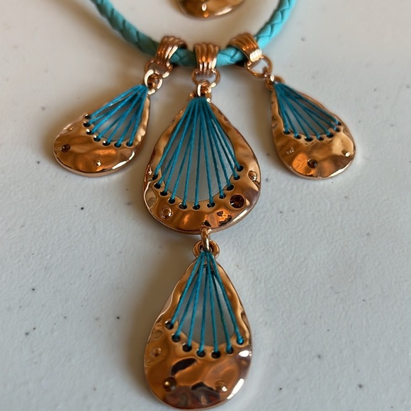 Guess Necklace Earring Set Turquoise Copper Rope Dangle Mixed Media Teardrop 19” - Picture 3 of 8